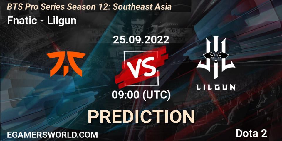 Fnatic vs Lilgun: Betting TIp, Match Prediction. 25.09.2022 at 09:04. Dota 2, BTS Pro Series Season 12: Southeast Asia
