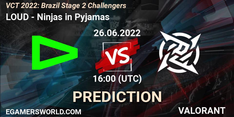 LOUD vs Ninjas in Pyjamas: Betting TIp, Match Prediction. 26.06.2022 at 16:15. VALORANT, VCT 2022: Brazil Stage 2 Challengers