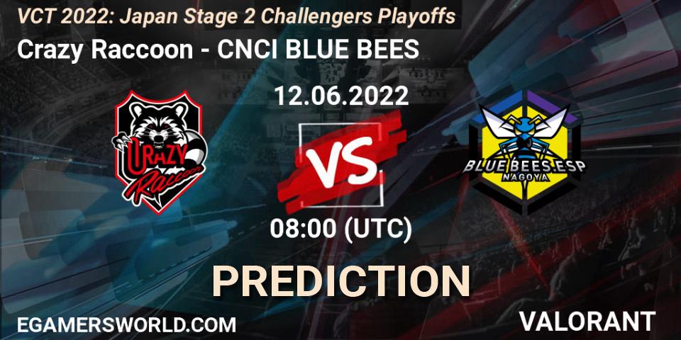 Crazy Raccoon vs CNCI BLUE BEES: Betting TIp, Match Prediction. 12.06.2022 at 08:00. VALORANT, VCT 2022: Japan Stage 2 Challengers Playoffs