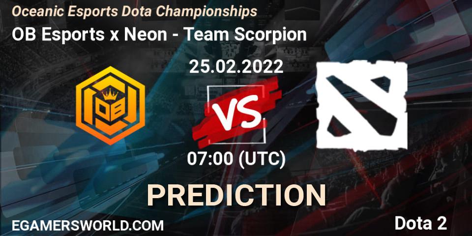 OB Esports x Neon vs Team Scorpion: Betting TIp, Match Prediction. 25.02.2022 at 07:17. Dota 2, Oceanic Esports Dota Championships