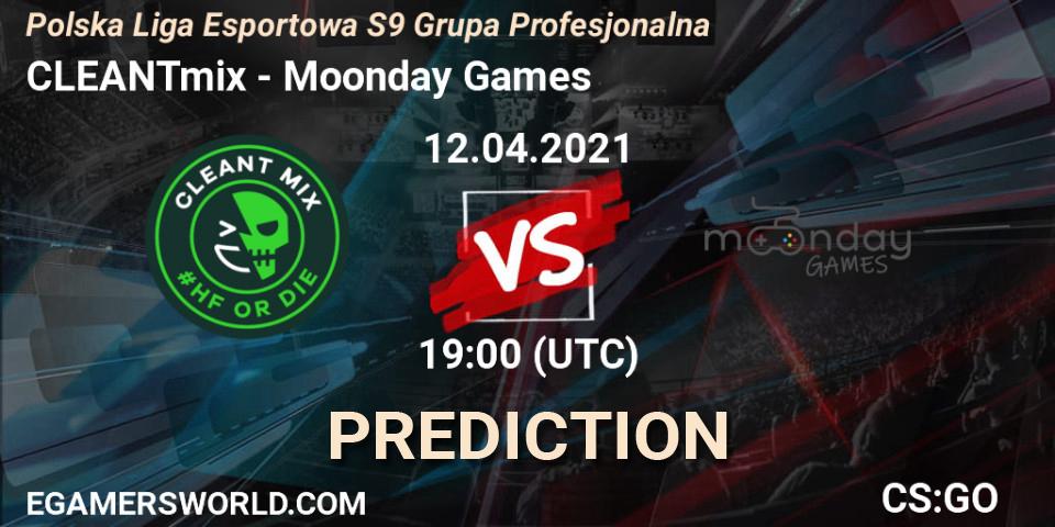 CLEANTmix vs Moonday Games: Betting TIp, Match Prediction. 12.04.2021 at 19:30. Counter-Strike (CS2), Polska Liga Esportowa S9 Grupa Profesjonalna