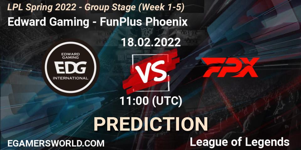 Edward Gaming vs FunPlus Phoenix: Betting TIp, Match Prediction. 18.02.2022 at 12:25. LoL, LPL Spring 2022 - Group Stage (Week 1-5)