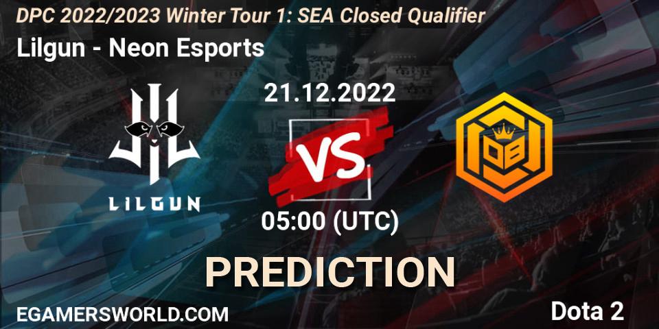 Lilgun vs Neon Esports: Betting TIp, Match Prediction. 21.12.2022 at 05:00. Dota 2, DPC 2022/2023 Winter Tour 1: SEA Closed Qualifier