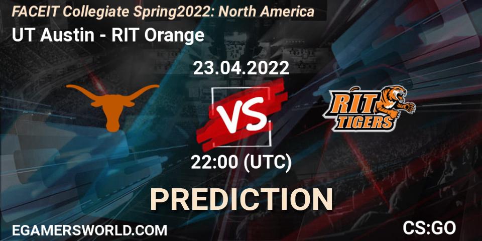 UT Austin vs RIT Orange: Betting TIp, Match Prediction. 23.04.2022 at 22:00. Counter-Strike (CS2), FACEIT Collegiate Spring 2022: North America