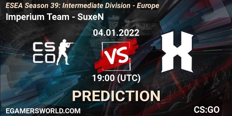 Imperium Team vs SuxeN: Betting TIp, Match Prediction. 04.01.2022 at 19:00. Counter-Strike (CS2), ESEA Season 39: Intermediate Division - Europe