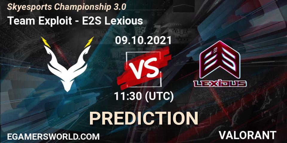 Team Exploit vs E2S Lexious: Betting TIp, Match Prediction. 09.10.2021 at 11:30. VALORANT, Skyesports Championship 3.0