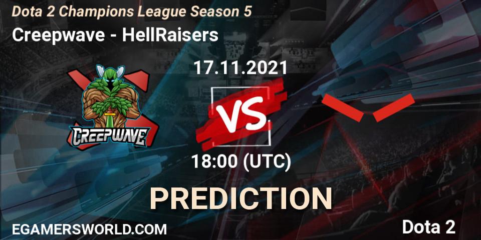 Creepwave vs HellRaisers: Betting TIp, Match Prediction. 17.11.2021 at 18:00. Dota 2, Dota 2 Champions League 2021 Season 5