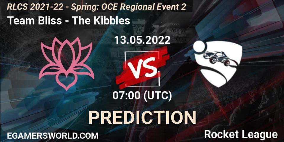 Team Bliss vs The Kibbles: Betting TIp, Match Prediction. 13.05.2022 at 07:00. Rocket League, RLCS 2021-22 - Spring: OCE Regional Event 2