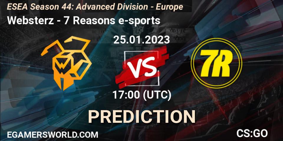 Websterz vs 7 Reasons e-sports: Betting TIp, Match Prediction. 01.02.23. CS2 (CS:GO), ESEA Season 44: Advanced Division - Europe