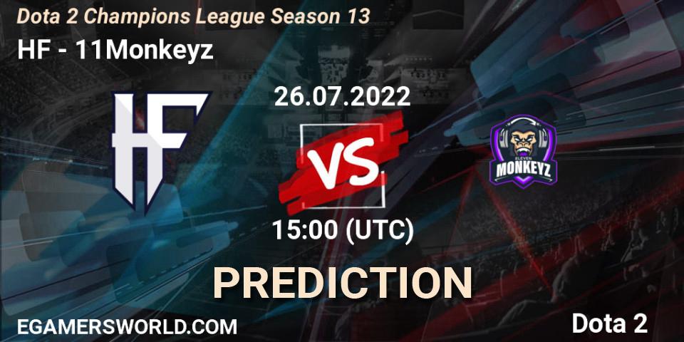 HF vs 11Monkeyz: Betting TIp, Match Prediction. 26.07.2022 at 15:01. Dota 2, Dota 2 Champions League Season 13