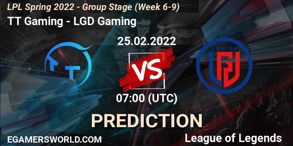 TT Gaming vs LGD Gaming: Betting TIp, Match Prediction. 25.02.2022 at 07:00. LoL, LPL Spring 2022 - Group Stage (Week 6-9)