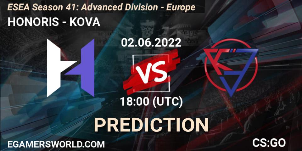 HONORIS vs KOVA: Betting TIp, Match Prediction. 02.06.2022 at 18:00. Counter-Strike (CS2), ESEA Season 41: Advanced Division - Europe