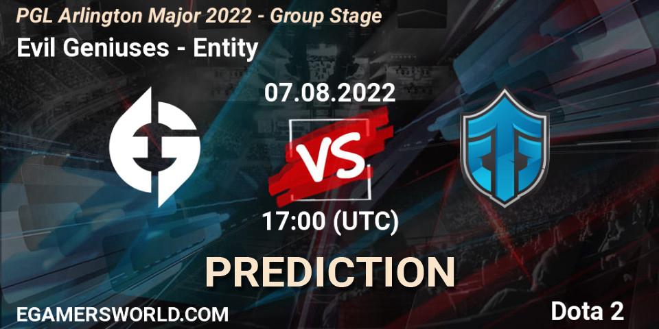 Evil Geniuses vs Entity: Betting TIp, Match Prediction. 07.08.2022 at 17:29. Dota 2, PGL Arlington Major 2022 - Group Stage