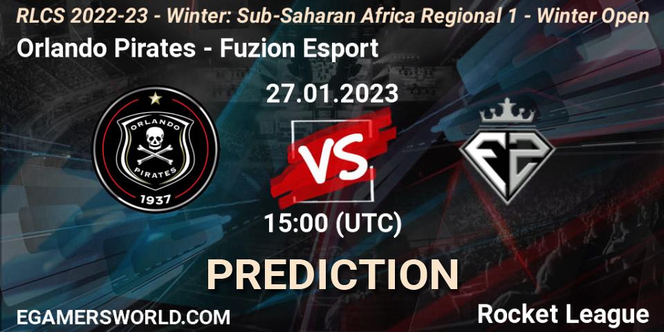 Orlando Pirates vs Fuzion Esport: Betting TIp, Match Prediction. 27.01.2023 at 15:00. Rocket League, RLCS 2022-23 - Winter: Sub-Saharan Africa Regional 1 - Winter Open