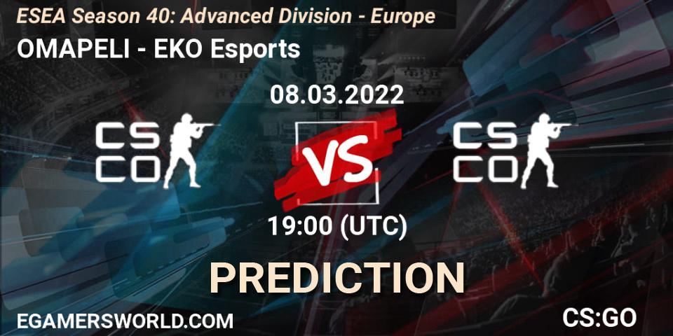 OMAPELI vs EKO Esports: Betting TIp, Match Prediction. 08.03.2022 at 19:00. Counter-Strike (CS2), ESEA Season 40: Advanced Division - Europe