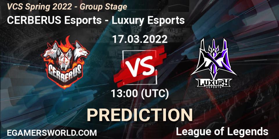CERBERUS Esports vs Luxury Esports: Betting TIp, Match Prediction. 17.03.2022 at 13:00. LoL, VCS Spring 2022 - Group Stage 