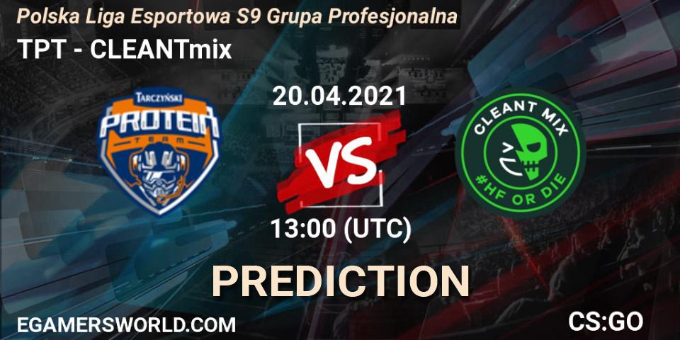 TPT vs CLEANTmix: Betting TIp, Match Prediction. 20.04.2021 at 13:00. Counter-Strike (CS2), Polska Liga Esportowa S9 Grupa Profesjonalna