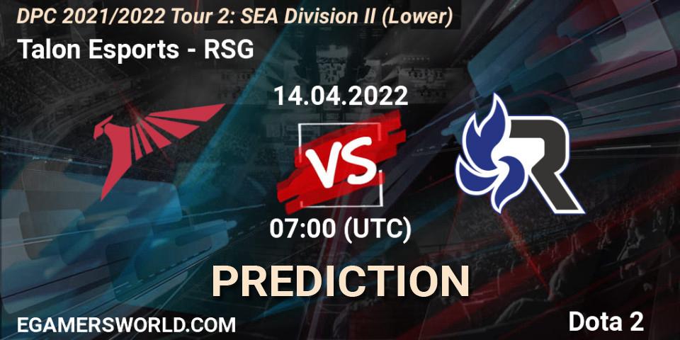 Talon Esports vs RSG: Betting TIp, Match Prediction. 14.04.2022 at 08:00. Dota 2, DPC 2021/2022 Tour 2: SEA Division II (Lower)