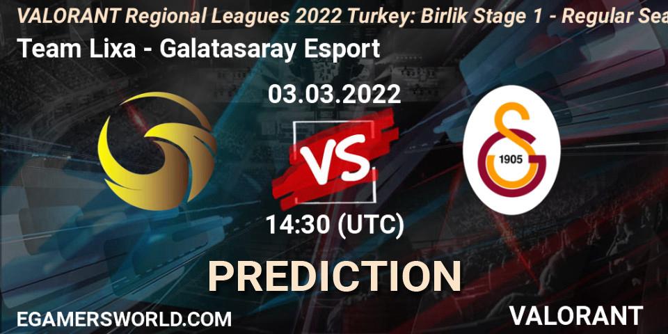 Team Lixa vs Galatasaray Esport: Betting TIp, Match Prediction. 03.03.2022 at 14:30. VALORANT, VALORANT Regional Leagues 2022 Turkey: Birlik Stage 1 - Regular Season