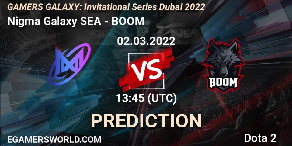 Nigma Galaxy SEA vs BOOM: Betting TIp, Match Prediction. 02.03.2022 at 13:21. Dota 2, GAMERS GALAXY: Invitational Series Dubai 2022