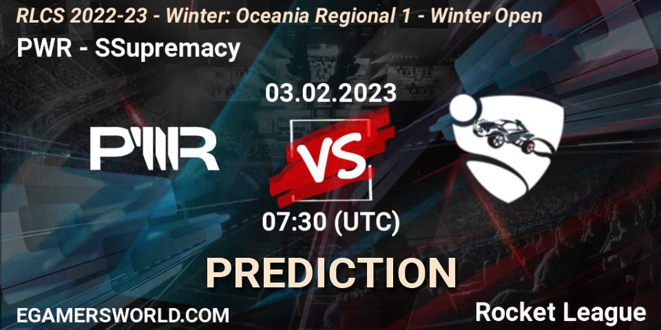 PWR vs SSupremacy: Betting TIp, Match Prediction. 03.02.2023 at 07:30. Rocket League, RLCS 2022-23 - Winter: Oceania Regional 1 - Winter Open