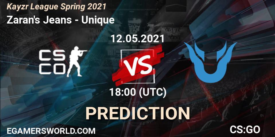 Zaran's Jeans vs Unique: Betting TIp, Match Prediction. 12.05.2021 at 18:00. Counter-Strike (CS2), Kayzr League Spring 2021