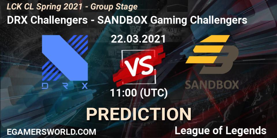 DRX Challengers vs SANDBOX Gaming Challengers: Betting TIp, Match Prediction. 22.03.2021 at 11:00. LoL, LCK CL Spring 2021 - Group Stage