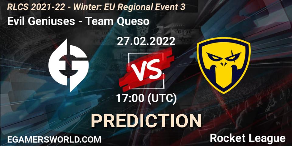 Evil Geniuses vs Team Queso: Betting TIp, Match Prediction. 27.02.2022 at 17:00. Rocket League, RLCS 2021-22 - Winter: EU Regional Event 3
