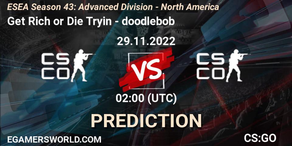 Get Rich or Die Tryin vs doodlebob: Betting TIp, Match Prediction. 29.11.22. CS2 (CS:GO), ESEA Season 43: Advanced Division - North America