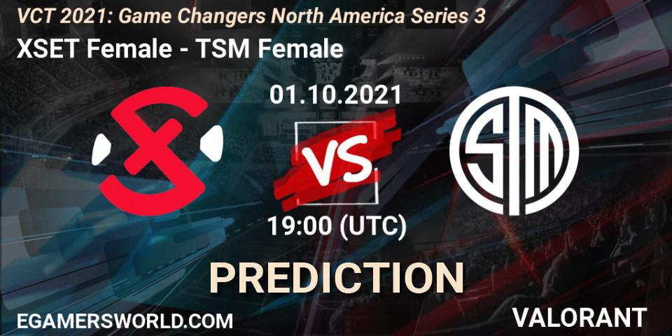 XSET Female vs TSM Female: Betting TIp, Match Prediction. 01.10.2021 at 19:00. VALORANT, VCT 2021: Game Changers North America Series 3