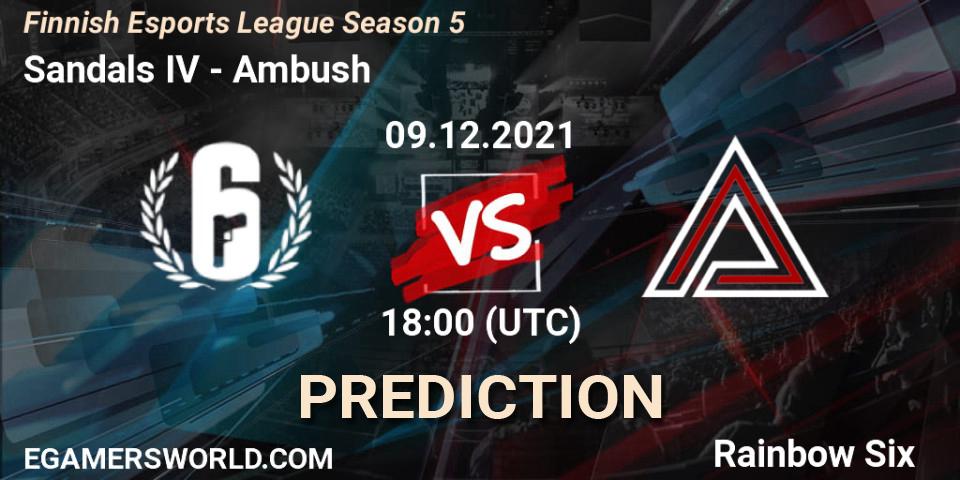 Sandals IV vs Ambush: Betting TIp, Match Prediction. 09.12.2021 at 18:00. Rainbow Six, Finnish Esports League Season 5