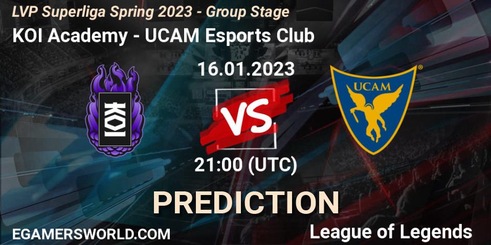 KOI Academy vs UCAM Esports Club: Betting TIp, Match Prediction. 16.01.2023 at 21:00. LoL, LVP Superliga Spring 2023 - Group Stage