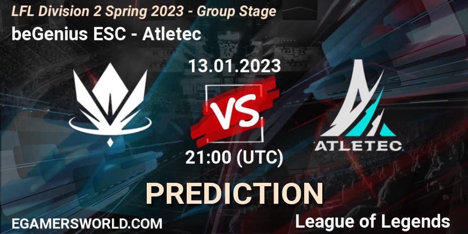 beGenius ESC vs Atletec: Betting TIp, Match Prediction. 13.01.2023 at 21:00. LoL, LFL Division 2 Spring 2023 - Group Stage