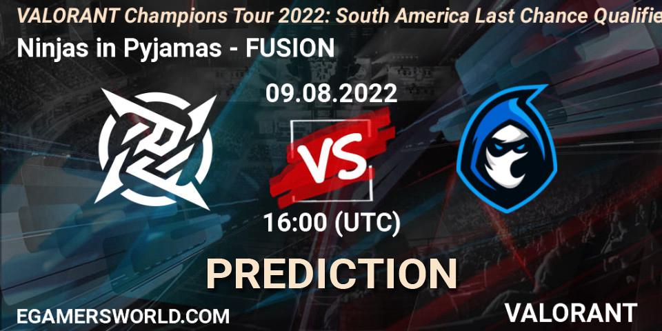 Ninjas in Pyjamas vs FUSION: Betting TIp, Match Prediction. 09.08.2022 at 16:00. VALORANT, VCT 2022: South America Last Chance Qualifier
