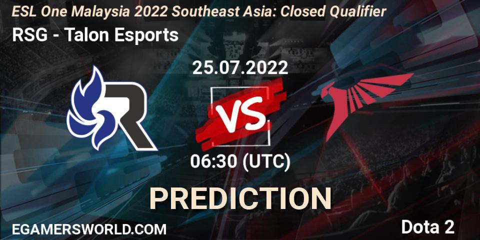 RSG vs Talon Esports: Betting TIp, Match Prediction. 25.07.2022 at 07:06. Dota 2, ESL One Malaysia 2022 Southeast Asia: Closed Qualifier