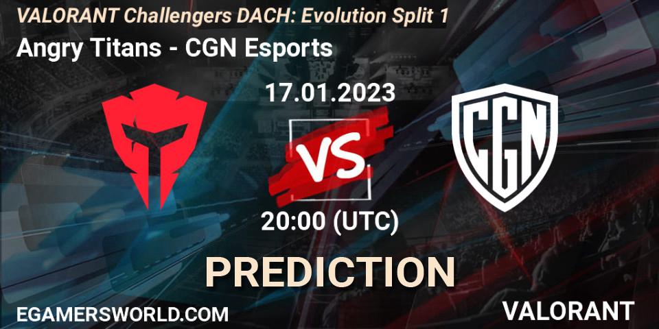 Angry Titans vs CGN Esports: Betting TIp, Match Prediction. 17.01.2023 at 20:00. VALORANT, VALORANT Challengers 2023 DACH: Evolution Split 1