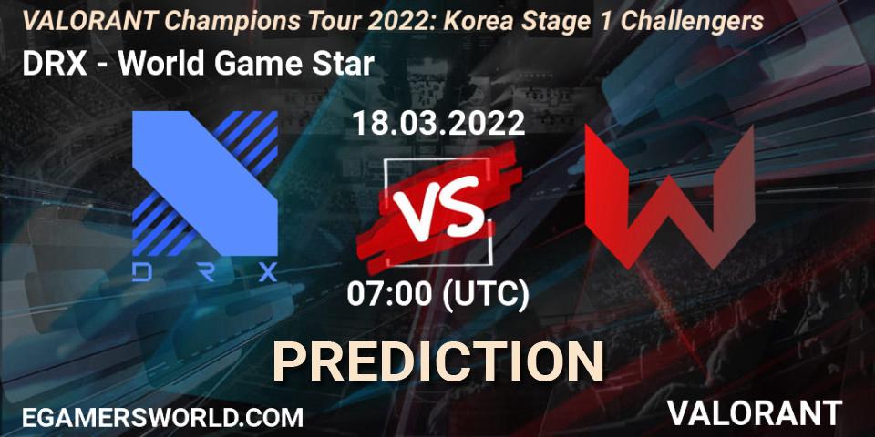 DRX vs World Game Star: Betting TIp, Match Prediction. 18.03.2022 at 07:00. VALORANT, VCT 2022: Korea Stage 1 Challengers