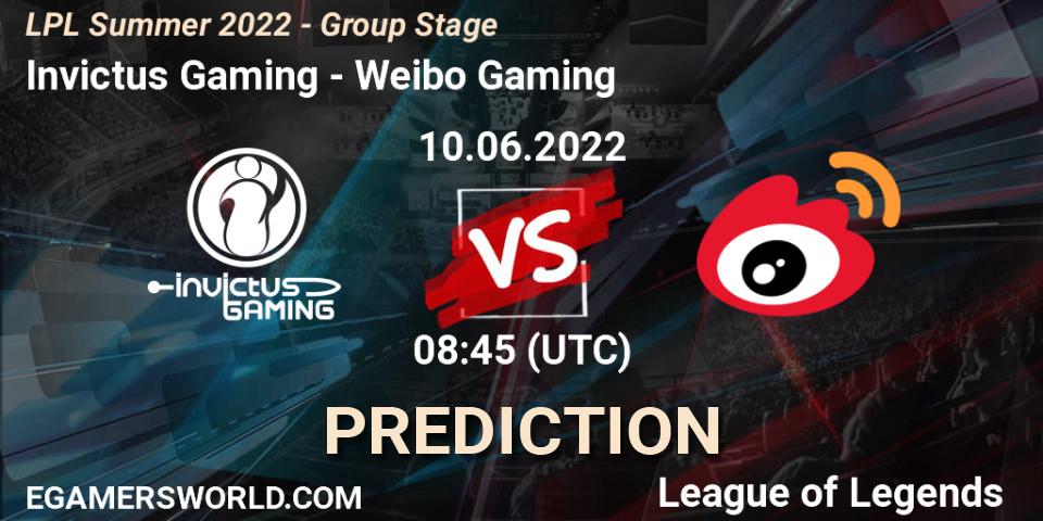 Invictus Gaming vs Weibo Gaming: Betting TIp, Match Prediction. 10.06.2022 at 08:45. LoL, LPL Summer 2022 - Group Stage