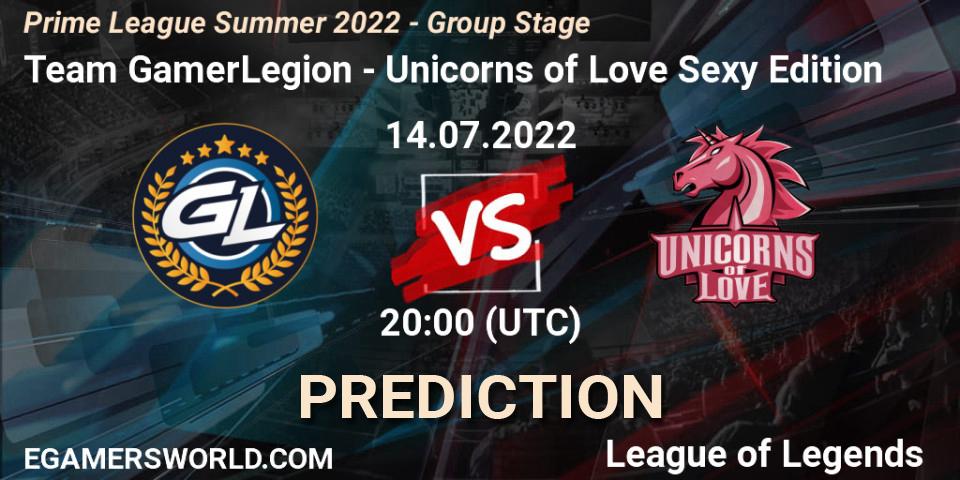 Team GamerLegion vs Unicorns of Love Sexy Edition: Betting TIp, Match Prediction. 14.07.2022 at 20:00. LoL, Prime League Summer 2022 - Group Stage