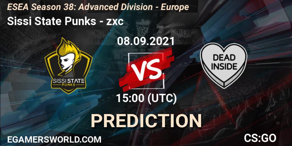 Sissi State Punks vs zxc: Betting TIp, Match Prediction. 08.09.2021 at 15:00. Counter-Strike (CS2), ESEA Season 38: Advanced Division - Europe