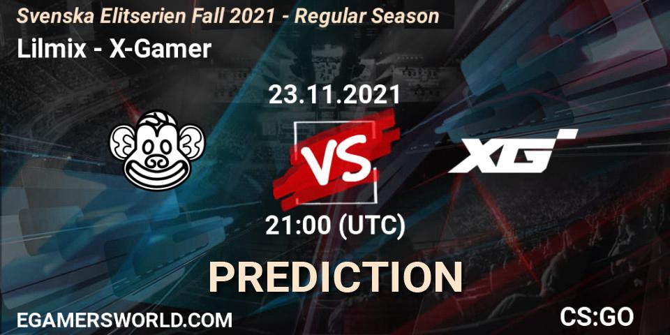 Lilmix vs X-Gamer: Betting TIp, Match Prediction. 23.11.2021 at 21:00. Counter-Strike (CS2), Svenska Elitserien Fall 2021 - Regular Season