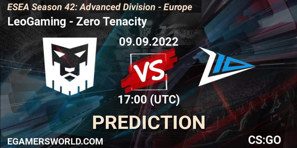 LeoGaming vs Zero Tenacity: Betting TIp, Match Prediction. 09.09.2022 at 17:00. Counter-Strike (CS2), ESEA Season 42: Advanced Division - Europe
