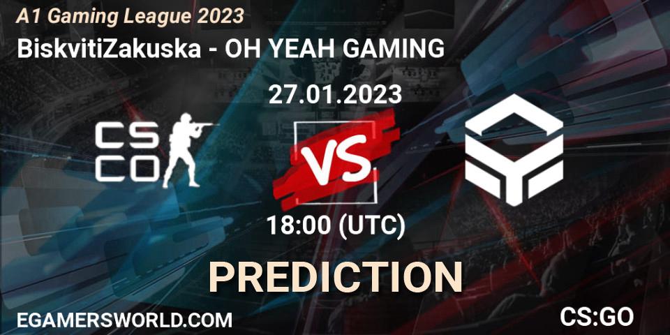 BiskvitiZakuska vs OH YEAH GAMING: Betting TIp, Match Prediction. 27.01.2023 at 18:00. Counter-Strike (CS2), A1 Gaming League 2023