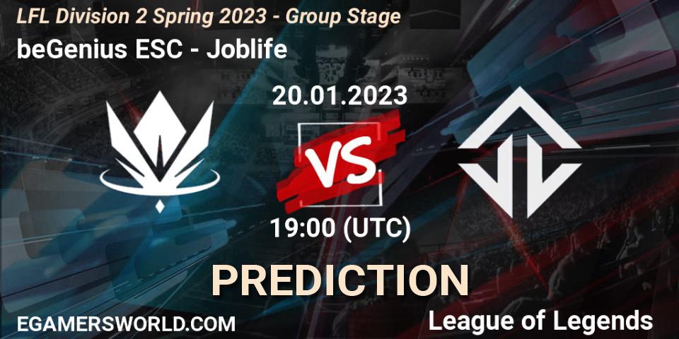 beGenius ESC vs Joblife: Betting TIp, Match Prediction. 20.01.2023 at 19:00. LoL, LFL Division 2 Spring 2023 - Group Stage