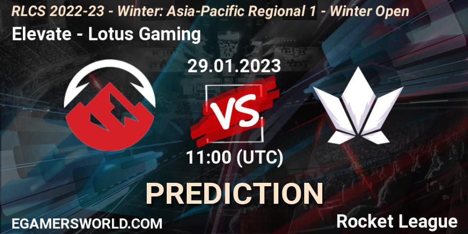 Elevate vs Lotus Gaming: Betting TIp, Match Prediction. 29.01.2023 at 11:00. Rocket League, RLCS 2022-23 - Winter: Asia-Pacific Regional 1 - Winter Open