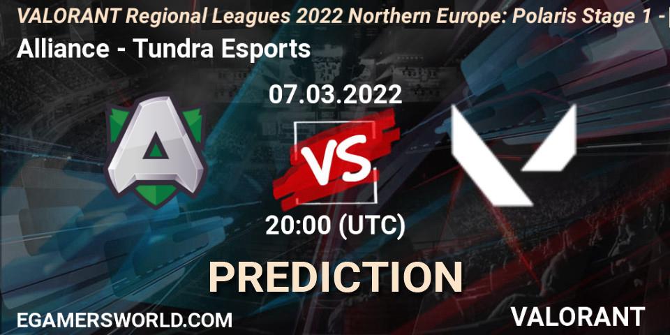 Alliance vs Tundra Esports: Betting TIp, Match Prediction. 07.03.2022 at 20:00. VALORANT, VALORANT Regional Leagues 2022 Northern Europe: Polaris Stage 1 - Regular Season