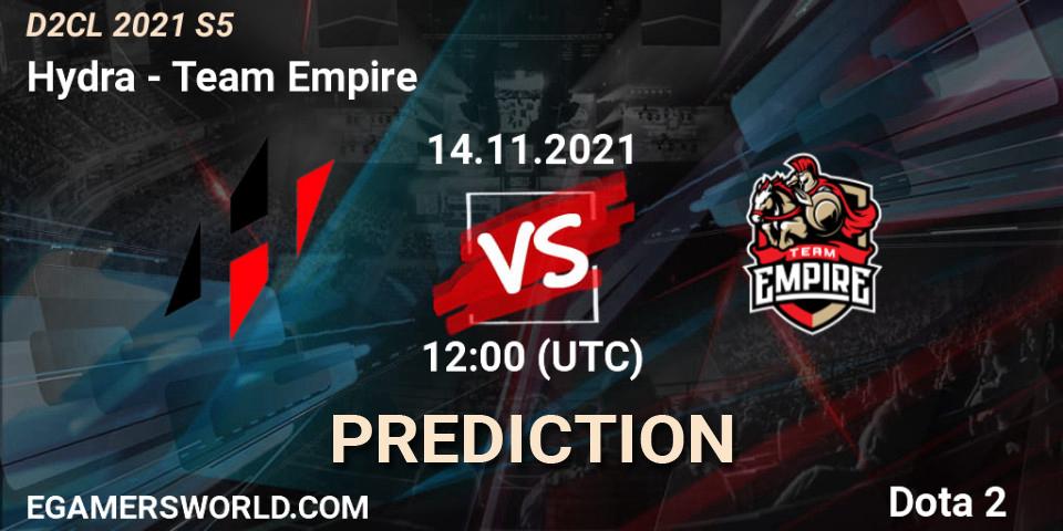 Hydra vs Team Empire: Betting TIp, Match Prediction. 14.11.2021 at 12:04. Dota 2, Dota 2 Champions League 2021 Season 5