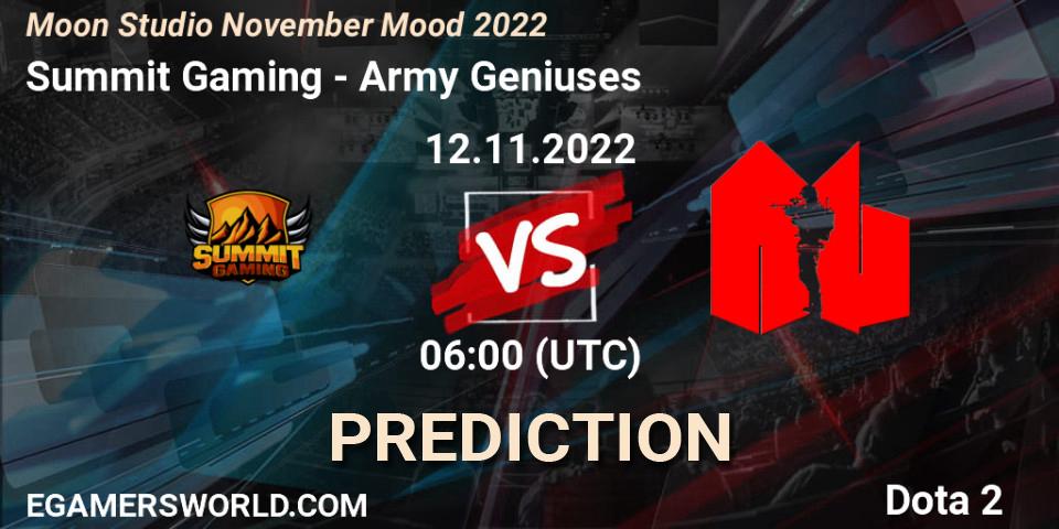 Summit Gaming vs Army Geniuses: Betting TIp, Match Prediction. 12.11.2022 at 06:05. Dota 2, Moon Studio November Mood 2022