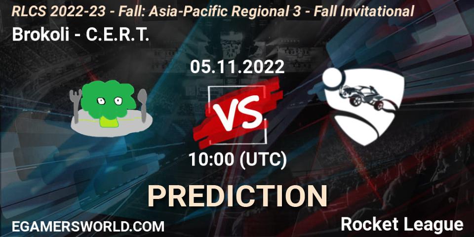 Brokoli vs C.E.R.T.: Betting TIp, Match Prediction. 05.11.2022 at 10:00. Rocket League, RLCS 2022-23 - Fall: Asia-Pacific Regional 3 - Fall Invitational