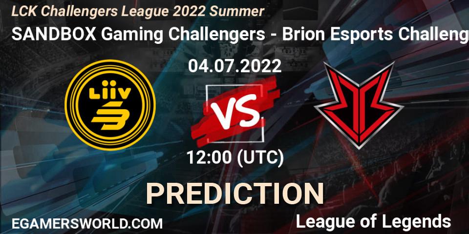 SANDBOX Gaming Challengers vs Brion Esports Challengers: Betting TIp, Match Prediction. 04.07.2022 at 12:00. LoL, LCK Challengers League 2022 Summer